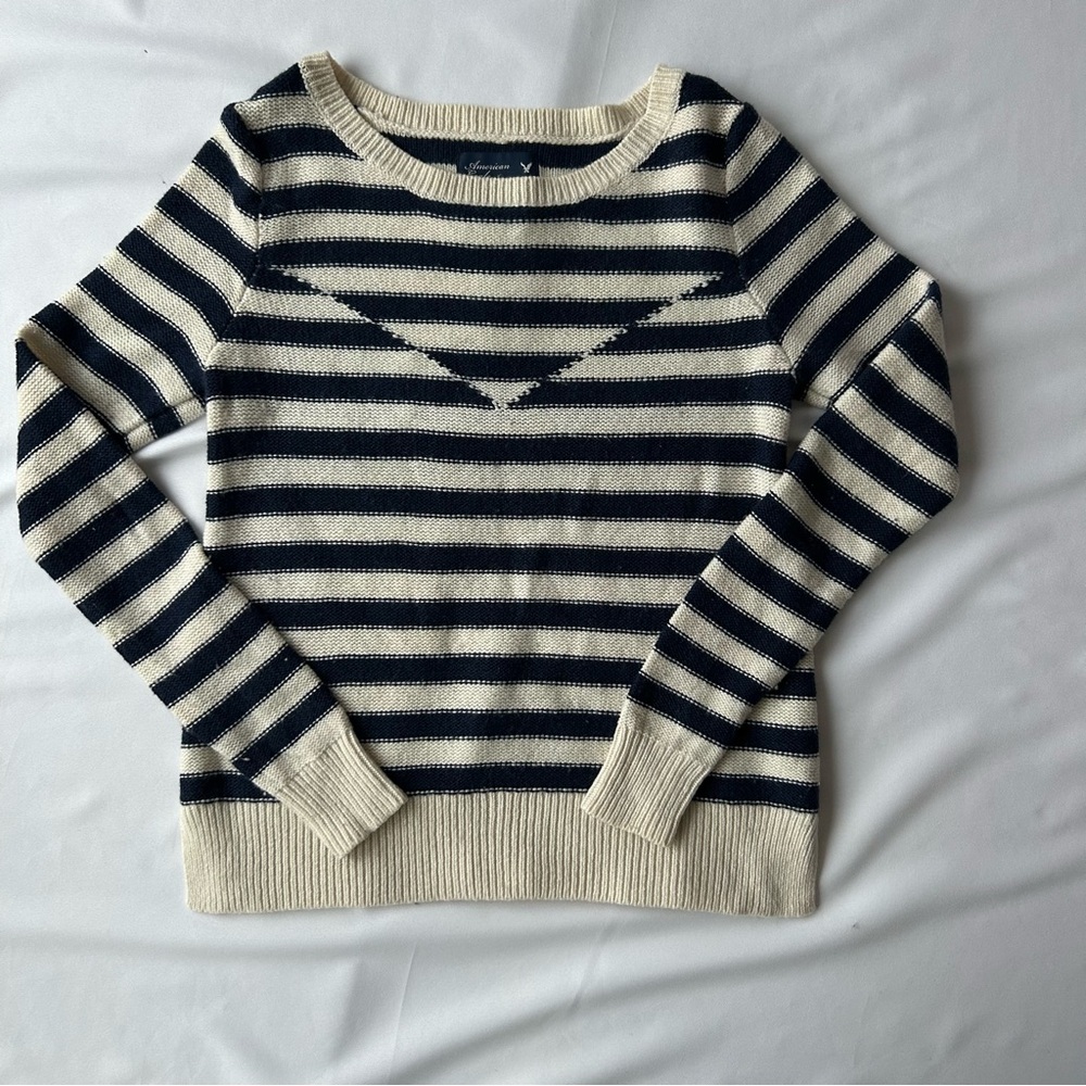 American Eagle Outfitters Navy and Cream Striped Crewneck Sweater